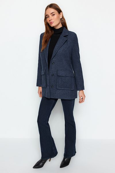 Trendyol Collection Μπλε Navy Oversize Παλτό με μοτίβο ψαροκόκαλο TWOAW24KB00133