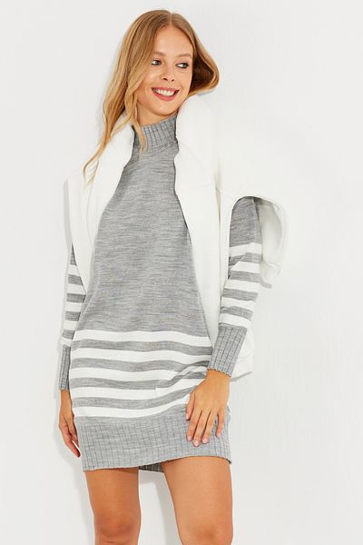 Cool & Sexy Women's Gray Knitwear Striped Tunic YV202