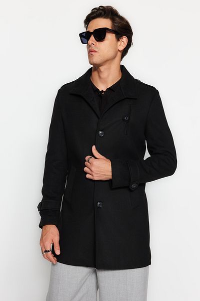 Trendyol Collection Plus Size Black Slim Fit Cashmere Coat - Stand Collar Tmnaw24Kb00006