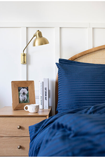 STORY OF BED Set de lenjerie de pat dublu din satin bleumarin