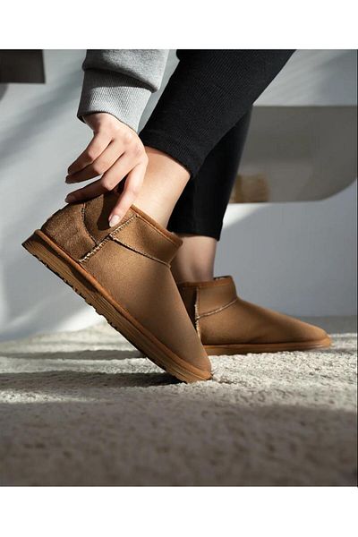 wemodaa Women's Tan Ultra Mini Suede Fur Lined Flat Sole Boots