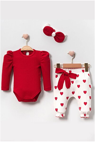 dubi baby Watermelon Sleeve Heart Patterned Big Bow 3-Piece Baby Girl Set