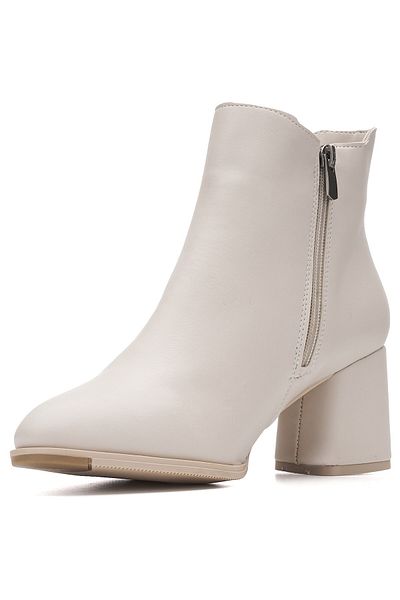 İmerShoes Γυναικείο μποτάκι μπεζ - Χοντρό τακούνι, φερμουάρ, λαστιχένια αντιολισθητική σόλα, γούνινη επένδυση 2407