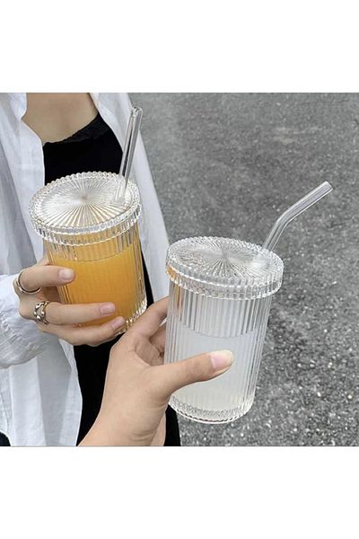 KÜÇÜK EW 4 Pieces 350 Ml Origami Style Glass Cup with Glass Lid and Straw | Coffee And Presentation Cup| Soft Drink Glass