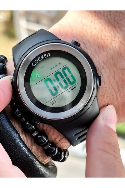 Cockpit Brand, Suitable for Marine Use, Illuminated, with Stopwatch, Black Digital Men's Wristwatch + Bracelet