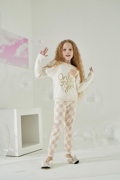 Sevim Set pijamale cu mânecă lungă pentru fete, crem C8T5N6O6