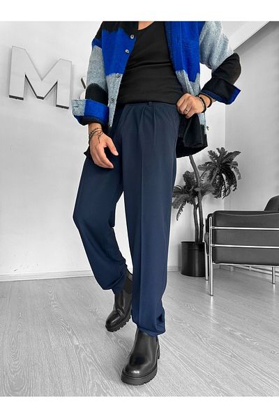 THEMANN Baggy Pleated Navy Blue Pipe Leg Trousers