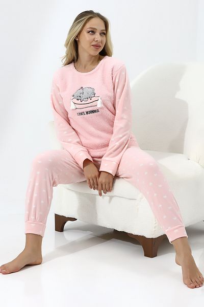 Wordex Set de pijamale pentru femei Fawn 5006 Plush Welsoft Fleece Winter Soft cu pisică adormită