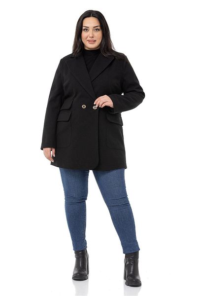 DISENTIS MODEST Large Size Pocket Detailed Lined Short Black Coat