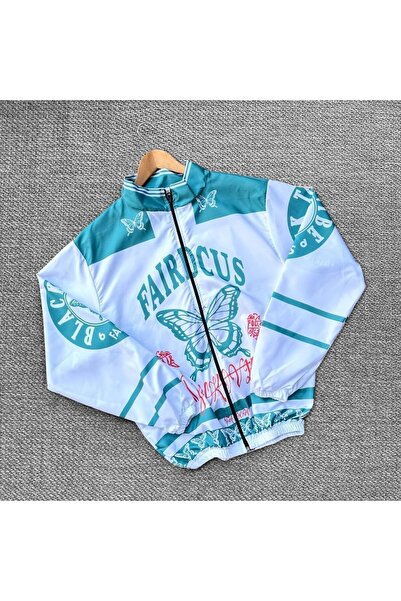 Mhm Unisex Paraşüt Kumaş Baskılı Oversize Beyaz Rüzgarlık