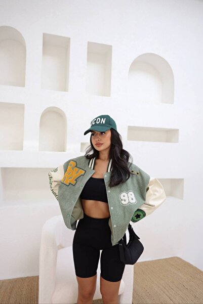 mavi pencere Haki Renk, Motif ve Deri Kol Detaylı, Kolej - Pilot Ceket