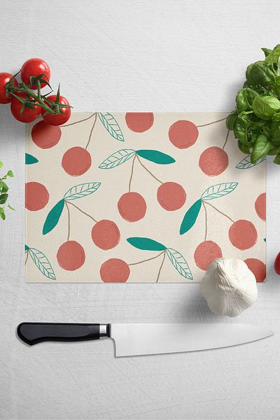 Postifull Cutting Board, Thick And Unbreakable Glass Print - Cherry Theme - 21*30cm - Chopping Board, Kitchen Decor