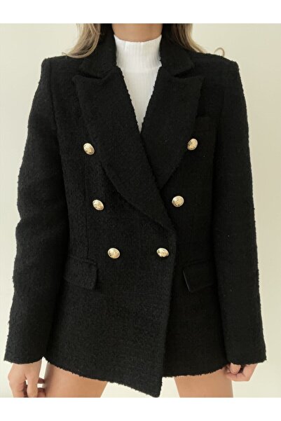 Erşan Giyim Ново сезонно черно двуредно сако от туид със златни копчета