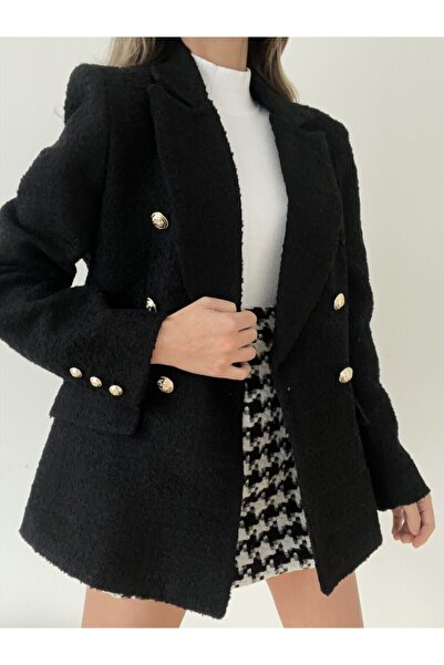 Erşan Giyim Ново сезонно черно двуредно сако от туид със златни копчета