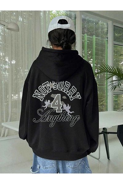 Gofeel Y2k Oversize Μαύρη κουκούλα με στάμπα στην πλάτη Συγγνώμη για τίποτα Φούτερ Gofeel