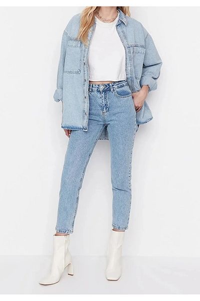 LİMABEL Larina Ice Blue Snow Wash Mom Jeans Lycra Pantaloni din denim cu talie înaltă Extra Confortabil