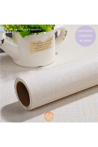 TechnoSmart 60cm×300cm Kendinden Yapışkanlı Keten Açık Bej Duvar Kağıdı Mutfak Dolap Masa Kaplama