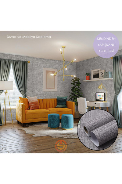 TechnoSmart 60cm×500cm Kendinden Yapışkanlı Keten Koyu Gri Duvar Kağıdı Mutfak Dolap Masa Kaplama