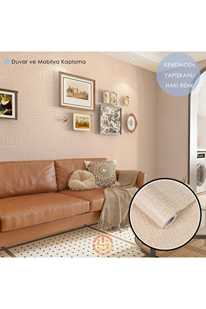 TechnoSmart 60cm×500cm Kendinden Yapışkanlı Keten Koyu Bej Duvar Kağıdı Mutfak Dolap Masa Kaplama