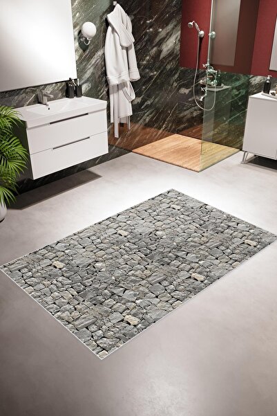10 Post Online Banyo Paspası Eskitme Taş Desenli Gri Kaydırmaz Kesme Yıkanabilir Ince Halı Tüysüz Kilim