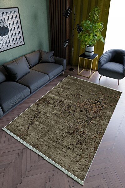 10 Post Online Salon Halısı Modern Haki Yolluk Kaymaz Yuvarlak Oval Kesme Inc...