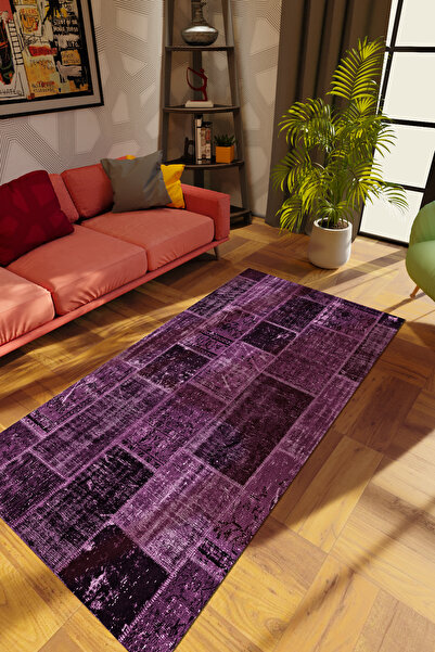 10 Post Online Modern Patchwork Mor Dijital Baskı Halı Kaydırmaz Ince Yıkanab...