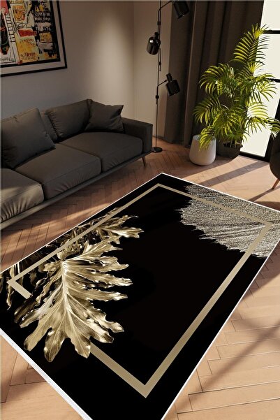 10 Post Online Salon Halısı Çiçekli Altın Gold Siyah Vizon Kaydırmaz Yıkanabi...