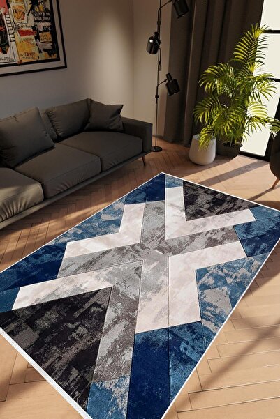 10 Post Online Salon Halısı Modern Geometrik Gümüş Lacivert Gri Siyah Kaydırm...