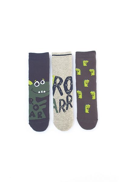 MEM SOCKS Комплект от 3 детски чорапи с неплъзгаща се кърпа с тема динозавър