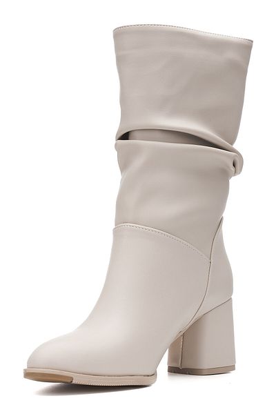 İmerShoes Cizme bej până la genunchi pentru femei - burduf, toc înalt gros, căptușeală cu pene thailandeze fără fermoar 2430