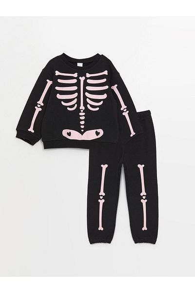 LC Waikiki Crew Neck Printed Sweatshirt and Sweatpants for Baby Girl - Set of 2