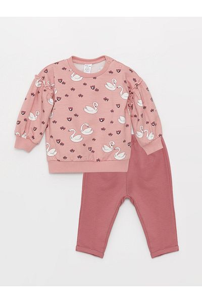 LC Waikiki Crew Neck Printed Baby Girl Sweatshirt and Trousers 2-Piece Set
