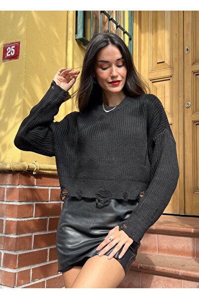 minaaise Pulover scurt rupt negru din tricotaje