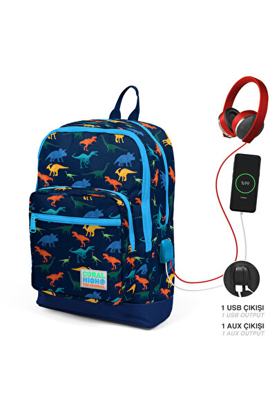 Coral High Kids Lacivert Dinazor Desenli Dört Bölmeli Usb'li Okul Sırt Çantas...