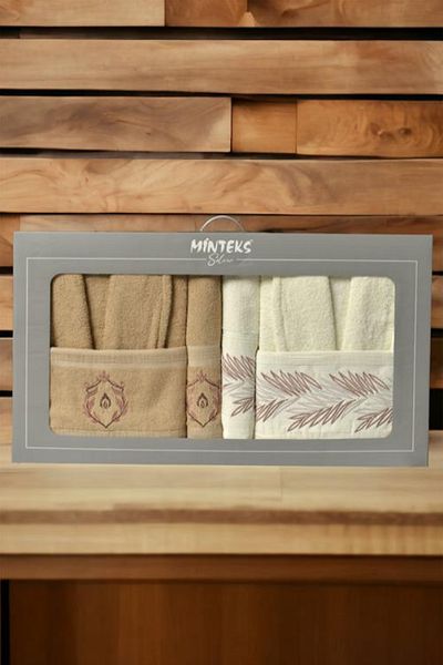 Bayev Σετ μπουρνούζι Minteks Silver Cream-Beige 6 τεμαχίων - Οικογενειακό Σετ μπουρνούζι με πετσέτες μπάνιου