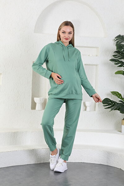Miss Dünya Lissa Yeşil Hamile Ve Lohusa Kapüşonlu Sweatshirt Eşofman Takım