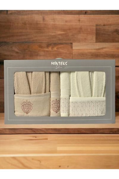 Bayev Σετ μπουρνούζι Minteks Silver Beige-Cream 6 τεμαχίων με πετσέτες - Οικογενειακό σετ μπουρνούζι με πετσέτες μπάνιου