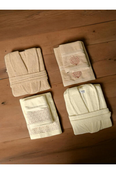 Bayev Minteks Срібний Бежево-кремовий 6-предметний комплект халатів з рушниками - Сімейний комплект рушників та халатів для ванної кімнати