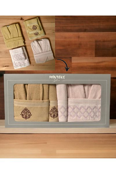 Bayev Σετ μπουρνούζι Minteks Silver Beige-Pink 6 τεμαχίων - Οικογενειακό Σετ μπουρνούζι με πετσέτες μπάνιου