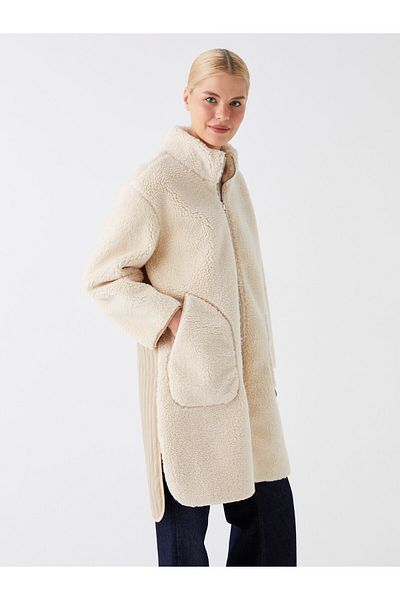 LC Waikiki Stand Collar Plain Oversize dámský plyšový kabát