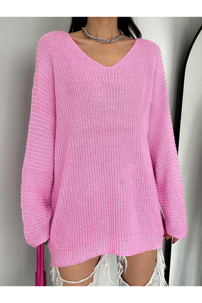 fiolin Dámský růžový pletený svetr Thessaloniki Knit Oversize s výstřihem do V