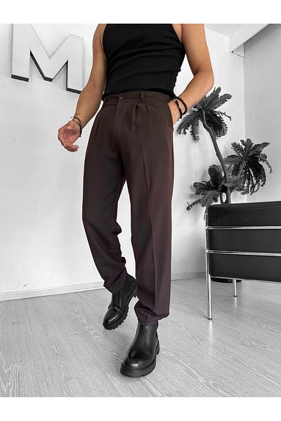 THEMANN Baggy Pleated Brown Pipe Leg Trousers