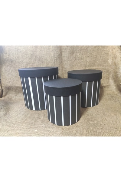 Stil Kutu Siyah Beyaz Yuvarlak Ince Çizgili Silindir Kutu Seti