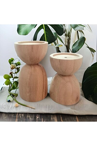 Vera Hediyelik Eşya 2'li Ahşap Konik Şamdan Mumluk Dekoratif (boyasız Doğal A...