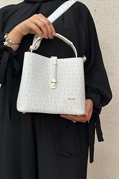 Just Polo Kilit Detaylı 3 Bölmeli Kadın Beyaz El ve Omuz Çantası 22x20cm MDS2098