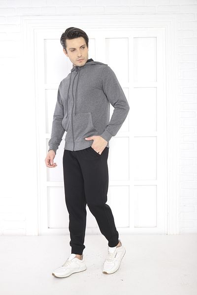 NEED LİFE Men's Gray Zippered Hooded Regular- Comfortable Fit Bottom Top Tracksuit Set