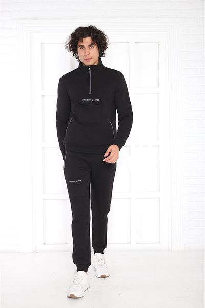 NEED LİFE Men's Black Half Zippered Cargo Pocket Regular- Comfortable Fit Bottom Top Tracksuit Set