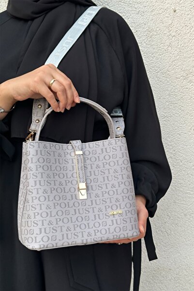 Just Polo Kilit Detaylı 3 Bölmeli Kadın Gri El ve Omuz Çantası 22x20cm MDS2098