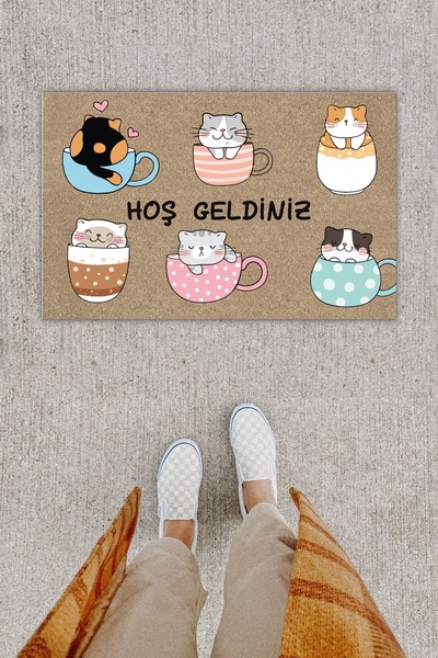 Pazarova Kapı Paspası Minik Kediler Hoş Geldiniz Yazılı Kapı Önü Paspası