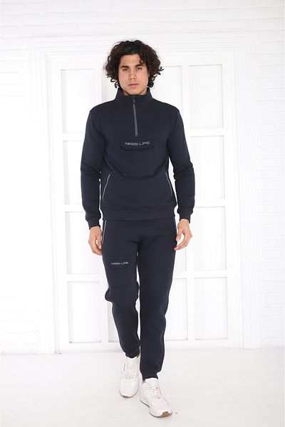 NEED LİFE Men's Navy Blue Half Zippered Cargo Pocket Regular- Comfortable Fit Bottom Top Tracksuit Set